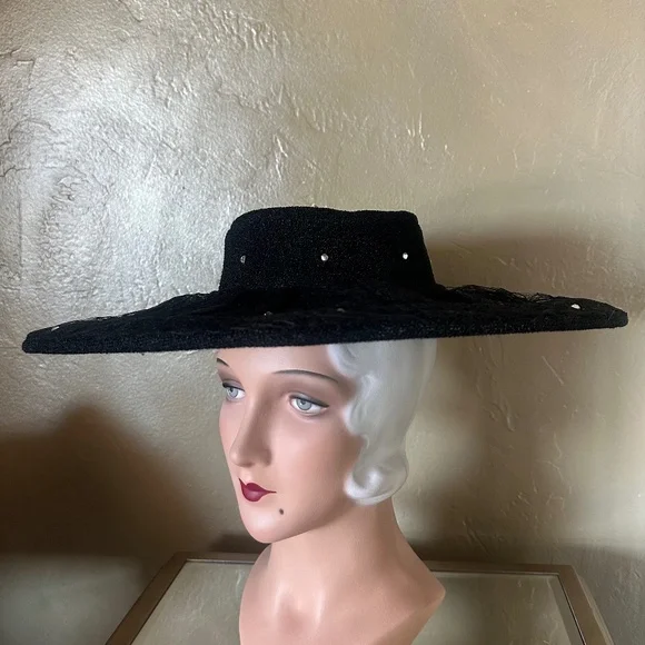 GLITZY 1950\'s BLACK FABRIC/LACE  WIDE BRIM HAT + RHINESTONES Sparkly Rhinestone-Cowboy Hat for Women - Black-Glitter  main image 3
